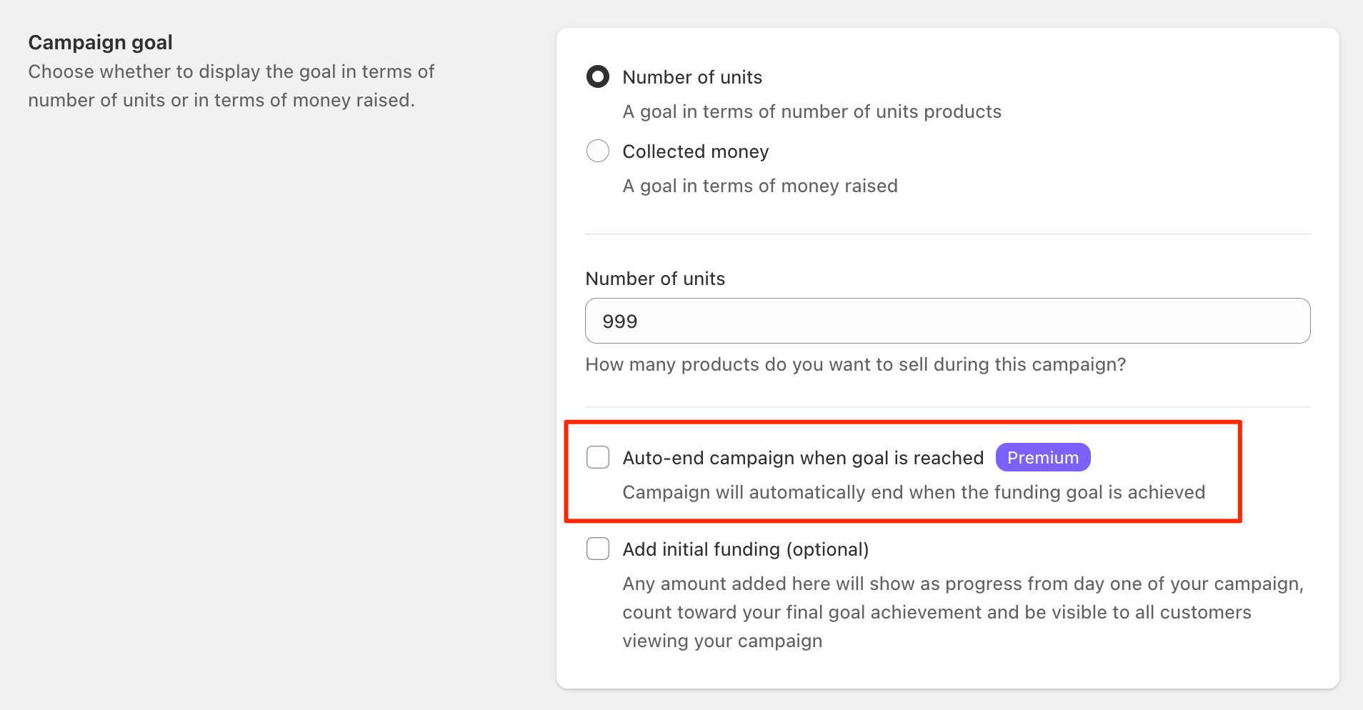 Order Options section with the Auto-end on goal toggle enabled